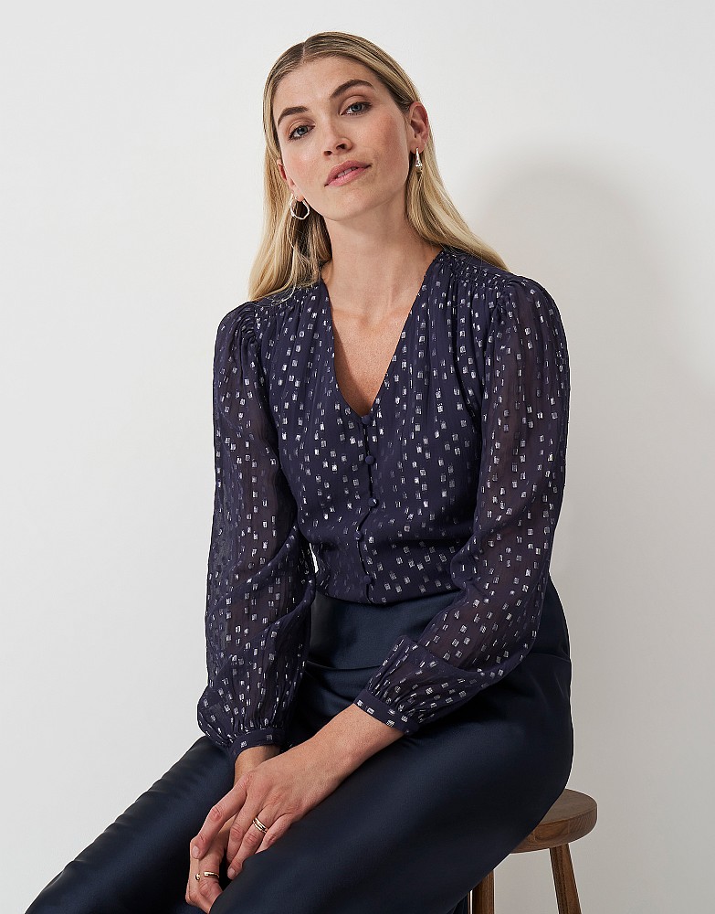 Crew Clothing – Lola Metallic Tie Back Blouse in Navy – £65.00